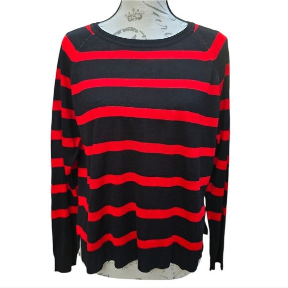 Zara NWOT Black Red Striped Lightweight‎ Sweater Round neck Small - Picture 1 of 6
